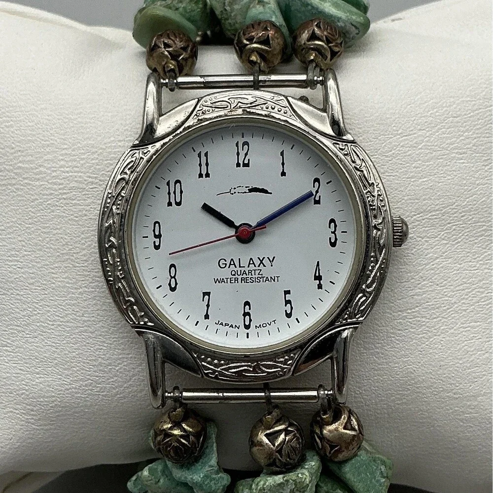 Galaxy Womens Watch 32mm Silver Tone Green Stone Beaded New Battery 7.25